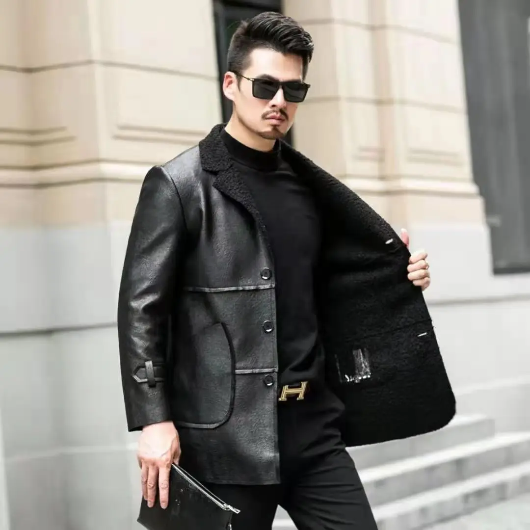 

Men 's Leather Jacket Winter Korean Style Young And Middle-Aged Suit Collar Fleece -Lined Leather Jacket