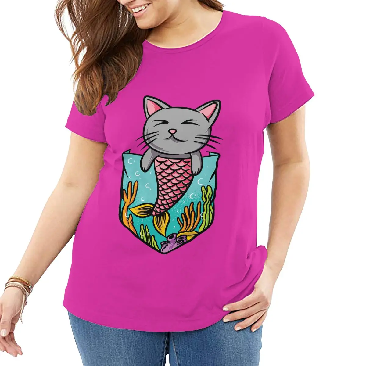 

Pocket Mermaid Cat Women Plus Size T Shirts Cotton Oversized Large Loose Graphic T-Shirt Female Tops Tees Clothing Summer 2021