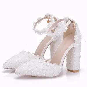 White Ladies Wedding Shoes Crystal Pearls with Bridal Shoes Ladies Dress Shoes Sweet Party Shoes