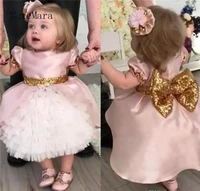 pink flower girls dresses toddler baby clothes first birthday dresses with gold sequined bow party birthday gown photoshoot