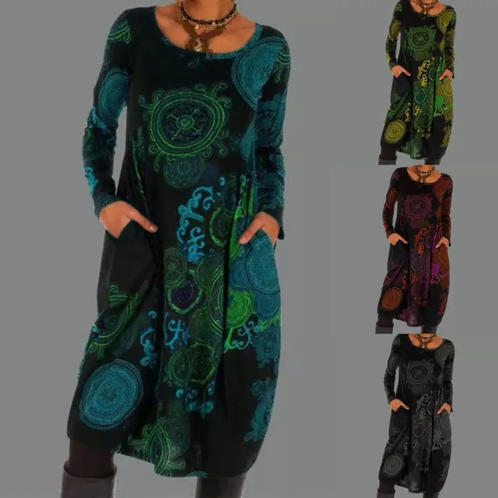 

Women Retro Maxi Dress Long Sleeve O Neck Digital Vintage Floral Print Bohemian Pockets Loose Plus Size Knee-length Dress 2021