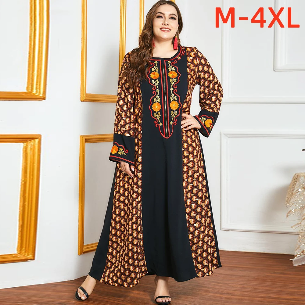 

Plus Size Abaya Muslim Woman Long Sleeve Dress Long Dresses Fashion Embroidered Autumn Casual Big Swing Islamic Outfit Robe
