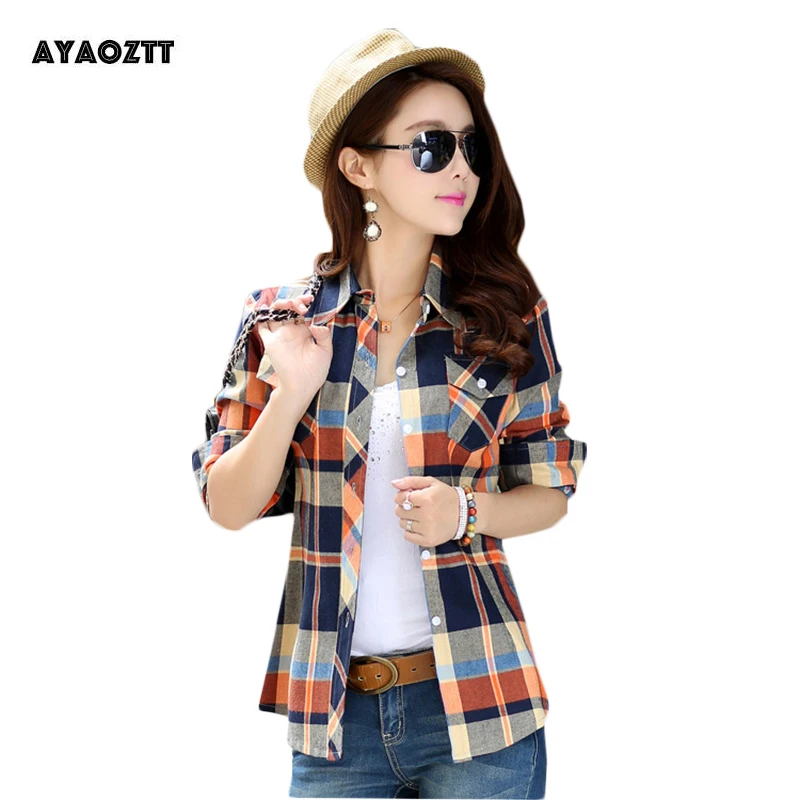 Senhoras 2019 primavera nova chegada xadrez camisa feminina casual 100% algodão manga comprida blusas camisas roupas|Рубашки| |