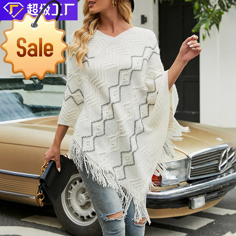 

2021 Autumn And Winter New Fashion Casual Ladies Imitation Cashmere Loose V-Neck Wavy Striped Pullover Cape Fringed Shawl Coat