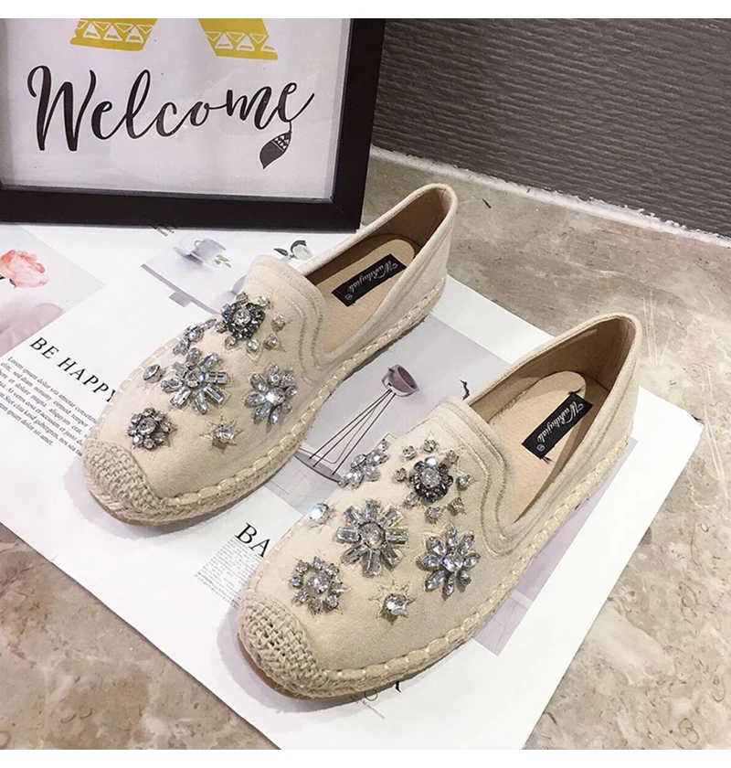 Fashion Hemp Loafers Women Espadrilles Flats Shoes Sewing Rhinestone Round Toe Ladies Casual Moccasins Slip On Brand Style New