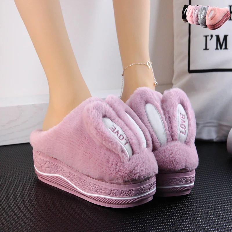 Женские тапочки Зимние теплые на высоком каблуке 5 см с кроличьими ушками