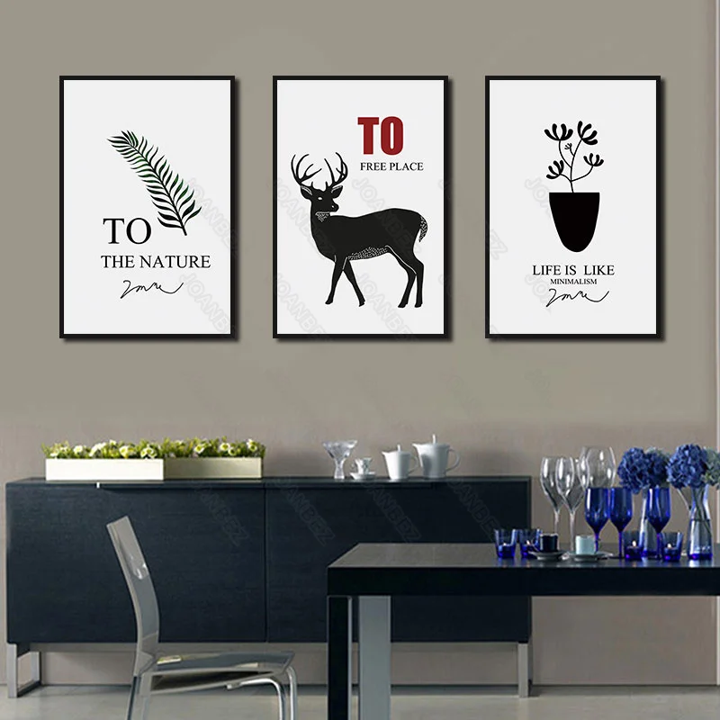 

Nordic Elk with Leaves Pattern Combination White English Background Poster Wallpaper Wallpaper Living Room Furniture Art Triple