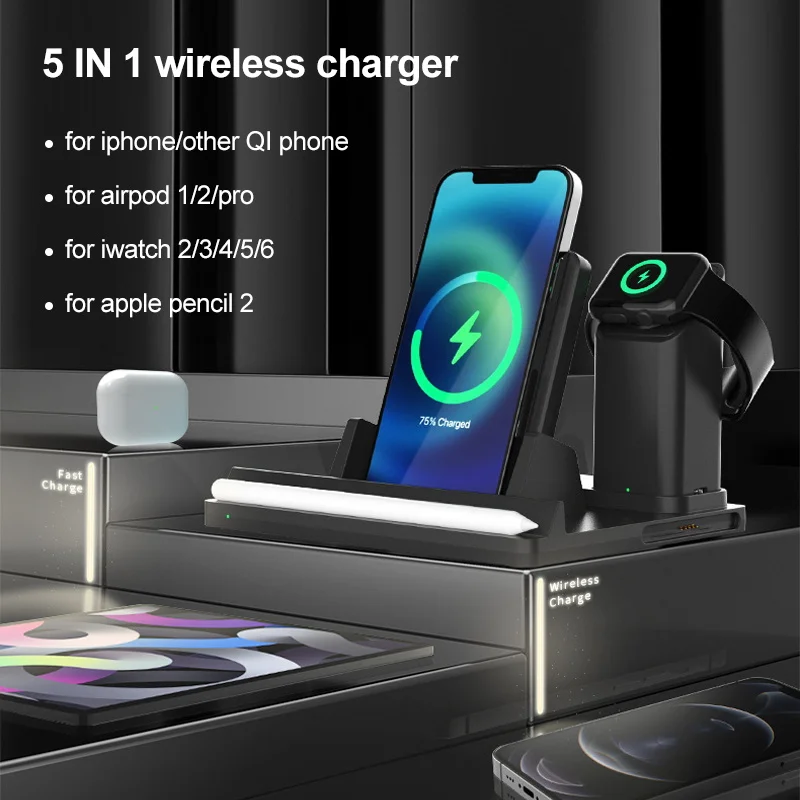 

15W Wireless Charger 5 in 1 Wireless Charging Station for iPhone 12 pro max mini Apple Pencil 2 Charge Dock for Airpods iWatch 6