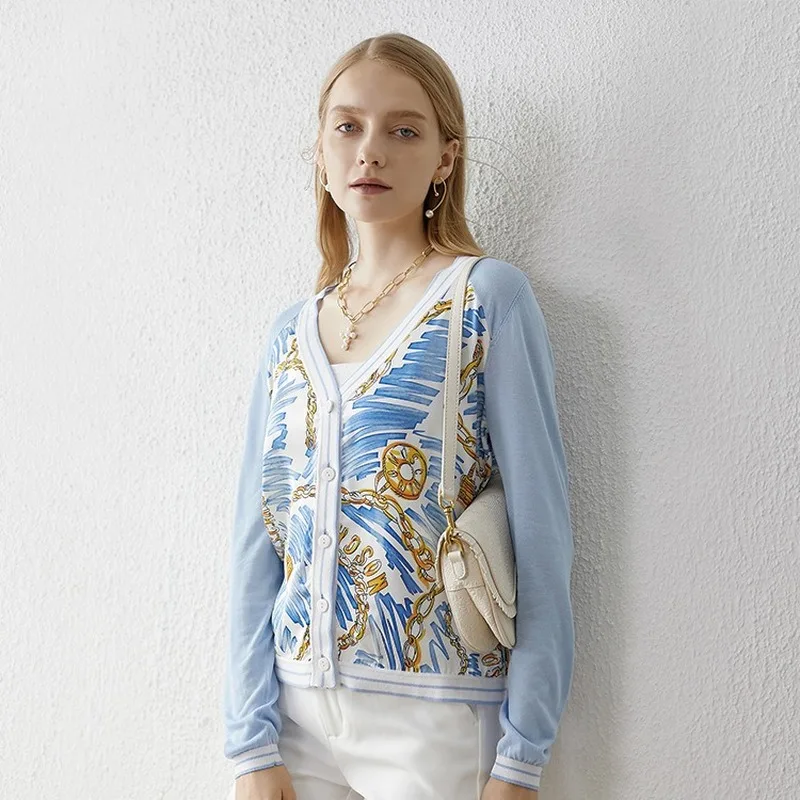 

Solid Color V-neck Slim Ice Silk 2020 Spring and Summer New Chiffon Shirt Printed Knitted Cardigan All-match Coat Short Coat