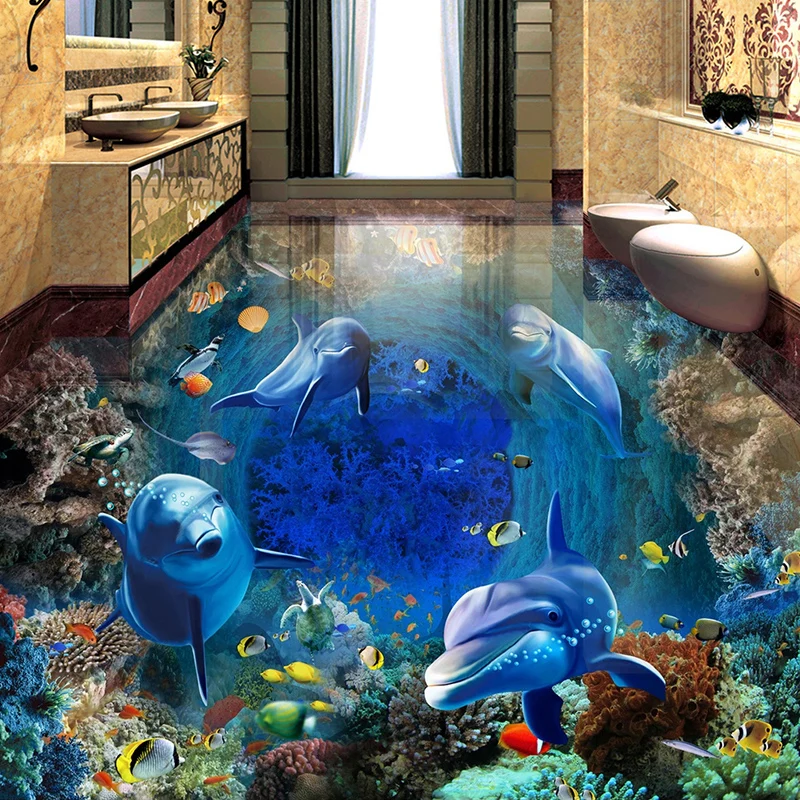 

Custom 3D Flooring Sticker Dolphin Beautiful Underwater World Bathroom Living Room Floor Decoration Mural Wallpaper Waterproof