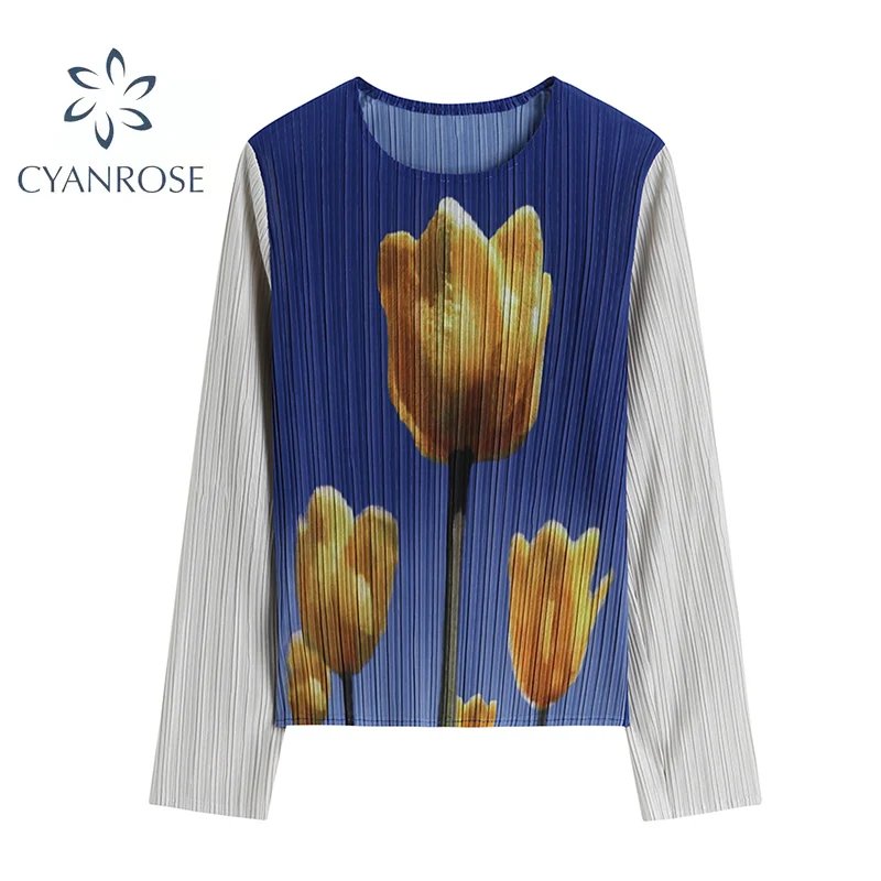 

Fashion Pullovers Women Chic Floral Print O Neck Patchwork Shirt 2021 Autumn Fashion Ladies Casual Streetwear Slim Long Sleeve