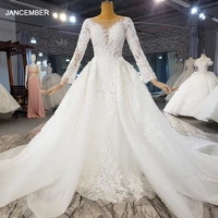 htl2143 elegant applique long sleeve transparent lace beaded wedding dress 2021 and ground trailing bride wedding dress