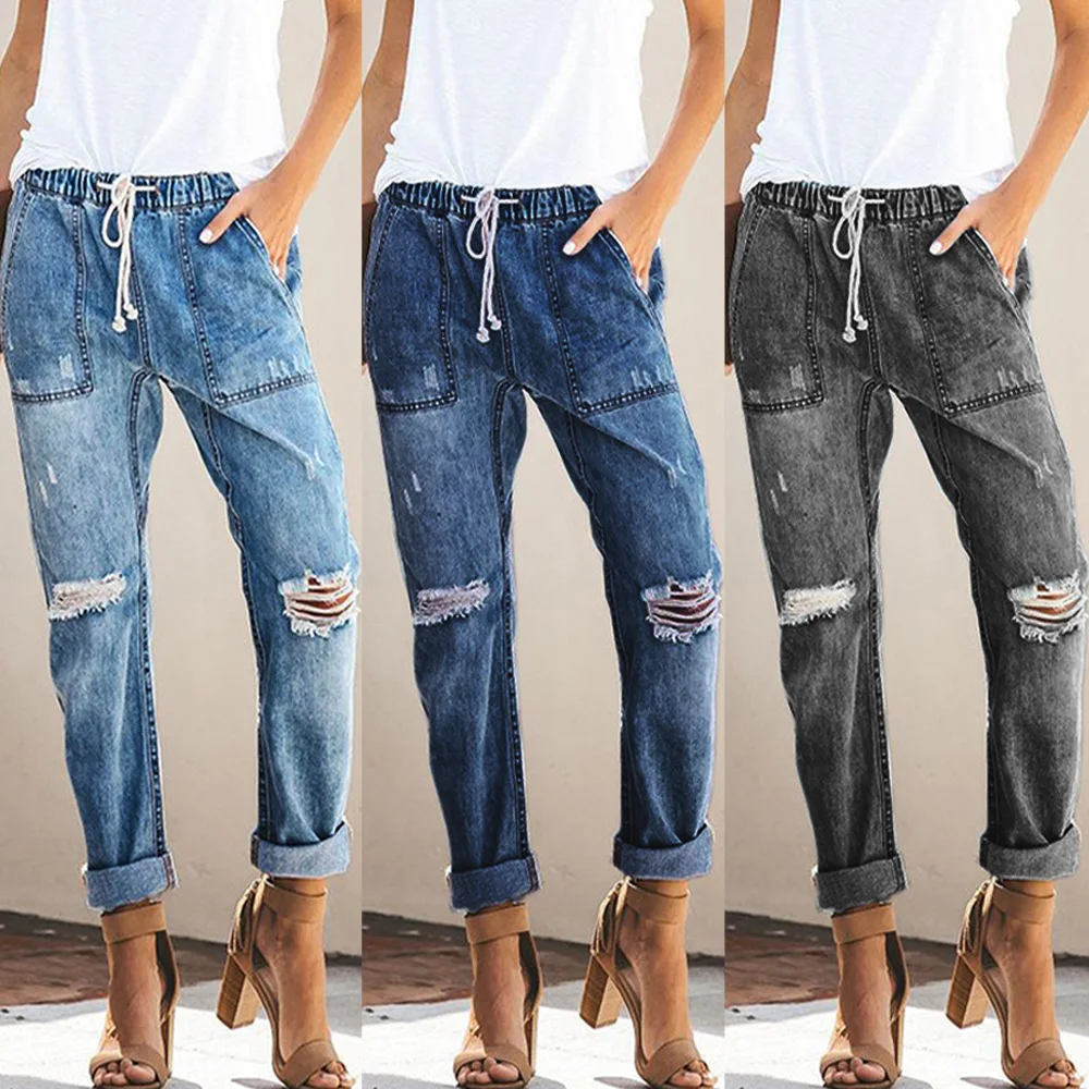 

Женские модные джинсы на шнуровке с эластичным поясом, рваные прямые джинсовые брюки, повседневные потертые джинсовые брюки, брюки