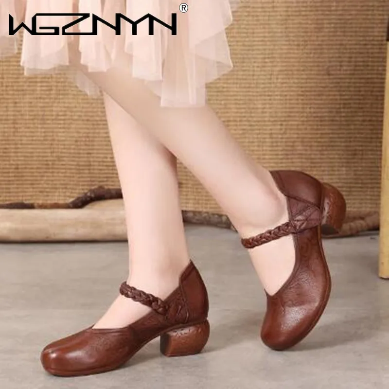 

NEW Genuine PU Leather Mid Heel Mother Shoes Retro National Style Single Shoes Comfortable Soft Sole Middle Aged Women's Shoes