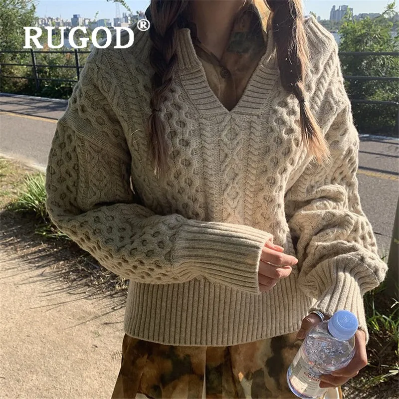 Свободный свитер RUGOD с V-образным вырезом Женский Однотонный пуловер джемпер