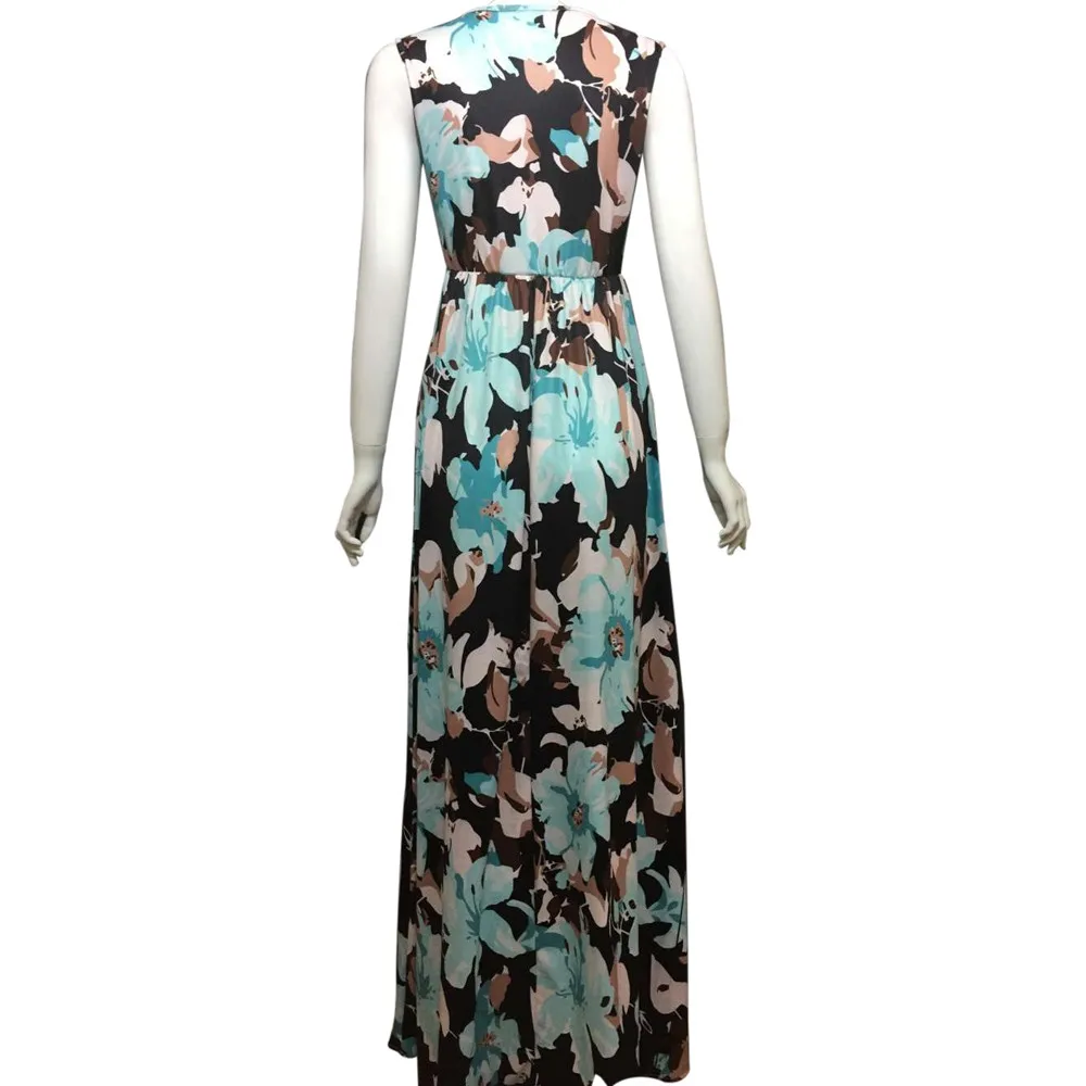

Boho Floral Print Dress Women's Halter Sleeveless Dresses With Pockets Vestidos Casual High-waist Beach Robe Maxi Dress #LR2