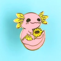 cute sunflower flower axolotl hard enamel pin cartoon animal lapel badge brooch fashion jewelry accessories