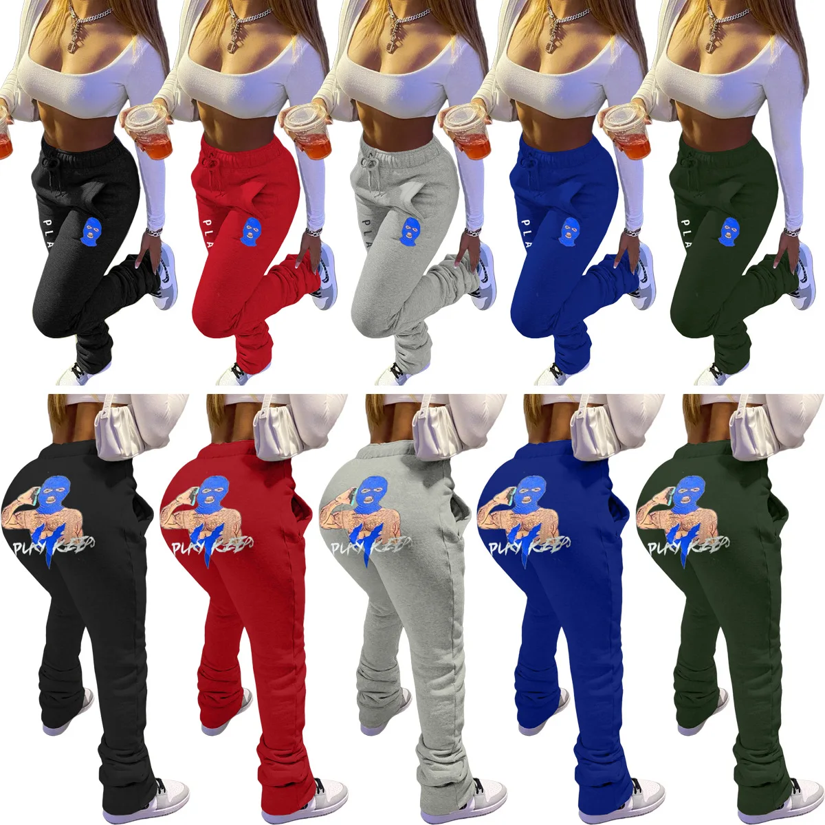 

Women Sports Sweatpants Drawstring Pockets Pile Pants Joggers Women Stacked Pants Stacked Leggings Cartoon Print Bottoms Pants