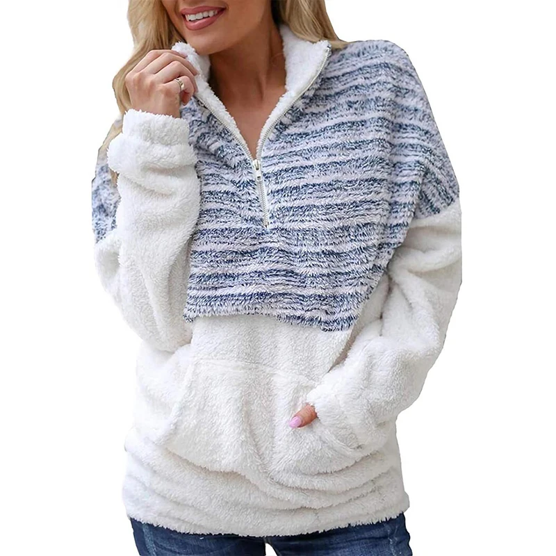 

Color Block Fuzzy Sweater Outwear kangaroo Pockets 2021 Autumn Winter Women's 1/4 Zipper Sherpa Knit Soft Warm Fleece Pullover