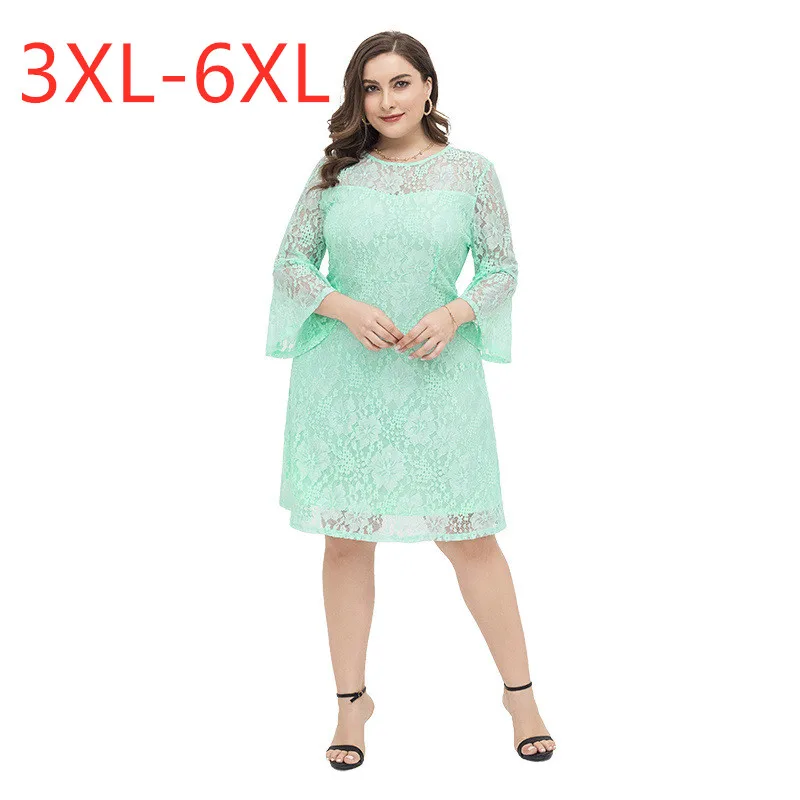 

New Ladies 2021 Summer Plus Size Dress For Women O-Neck Long Sleeve Slim Large Casual Lace Green Elegant dresses 3XL 4XL 5XL 6XL
