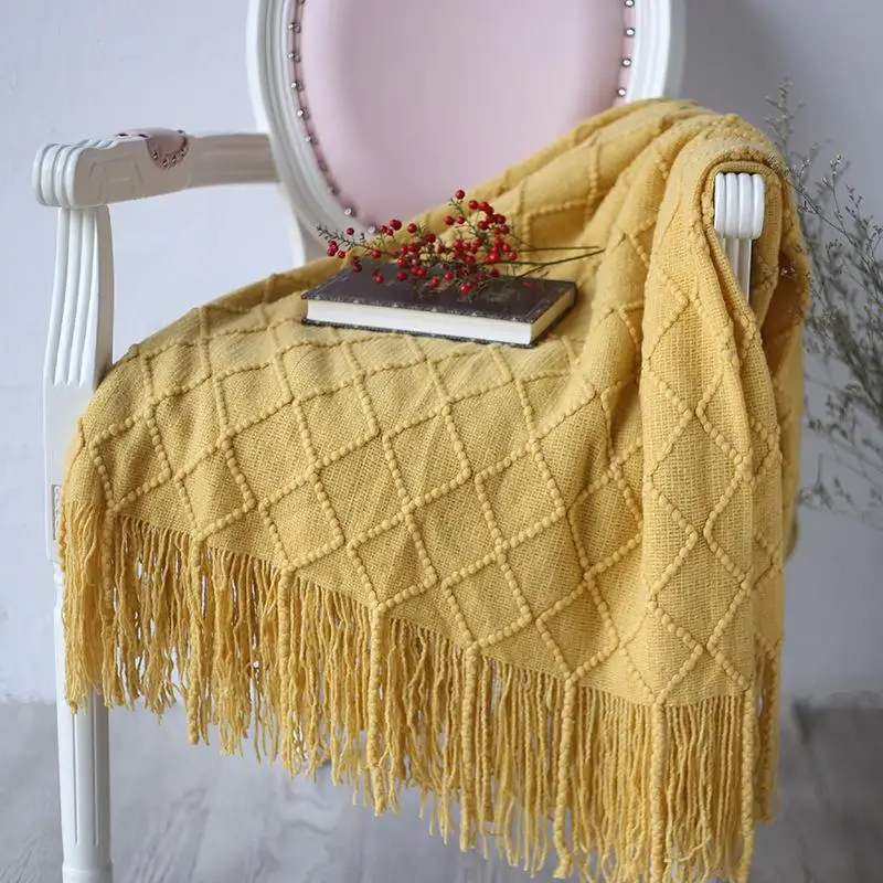 

50Solid Color Lattice Knitted Blankets for Beds Home Tassel Sofa Blanket Cover Throw Blanket