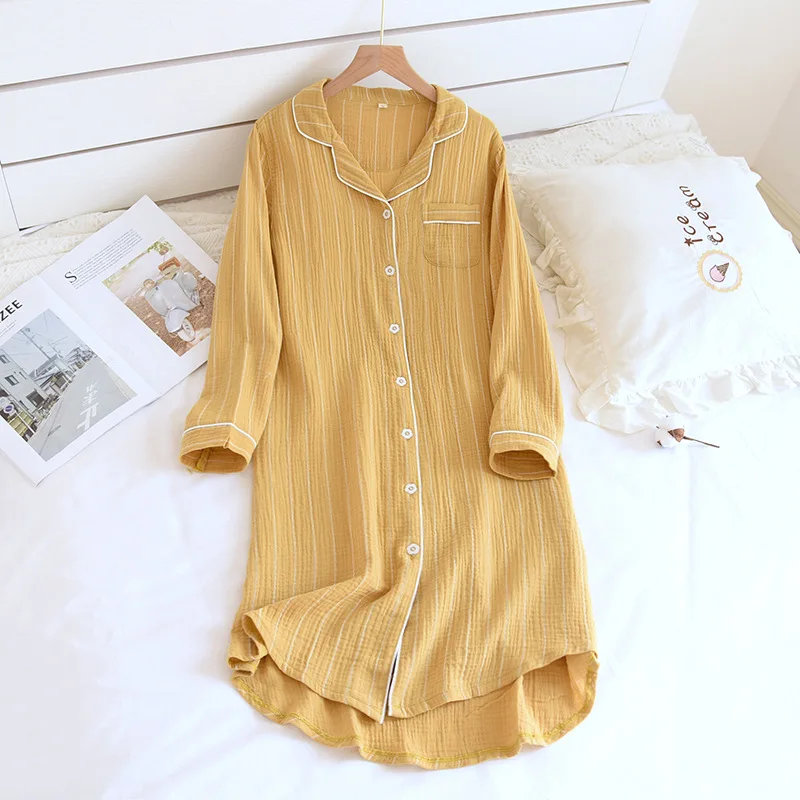 

Ladies Summer New Cotton Sleepshirts Spring Autumn Long Sleeve Nightgown Casual Turn-down Collar Nightdress Striped Home Dress