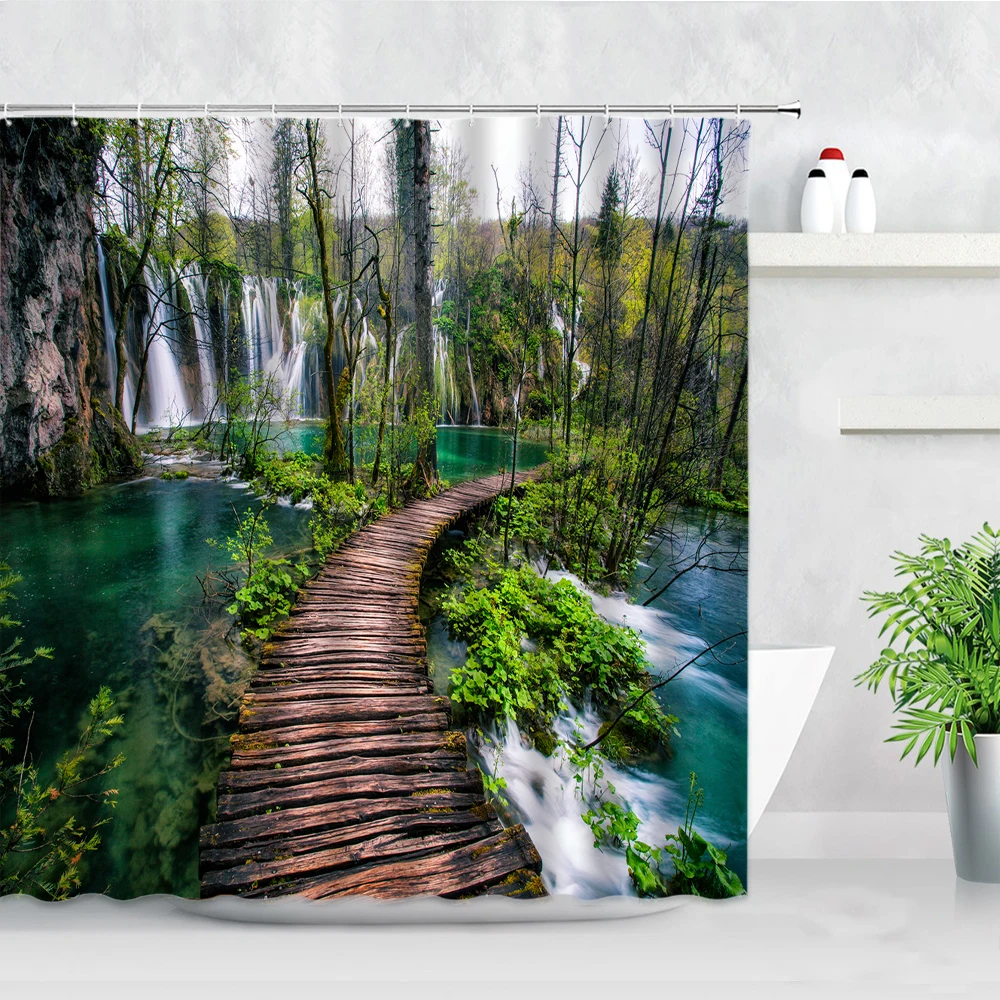 

Mountain Waterfall Landscape Shower Curtain Boat Sea Bay Tropical Forest Rural Scenery Wall Cloth Waterproof Bathroom Curtains