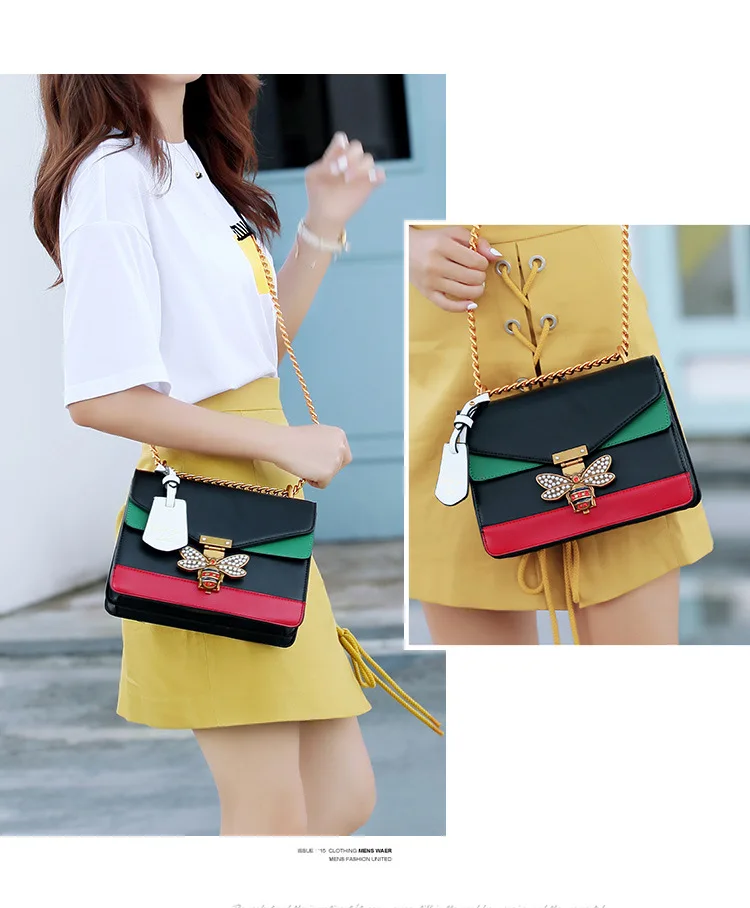 

Color Contrast Single Shoulder Messenger Bag Trend Bee Lock Small Square Bag Simple Temperament Women's Bag Purses and Handbags