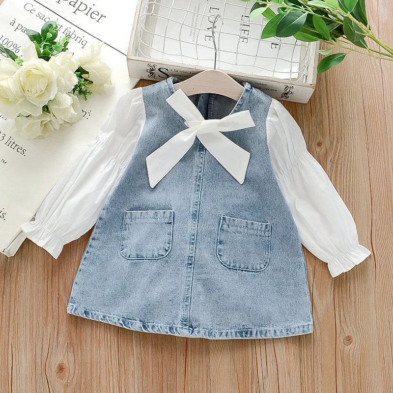 

Girls Denim Dress Spring Autumn Kids Korean Fashion Bow Splicing Puff-sleeve Princess vestidos 3-7 Years Children Casual Clothes