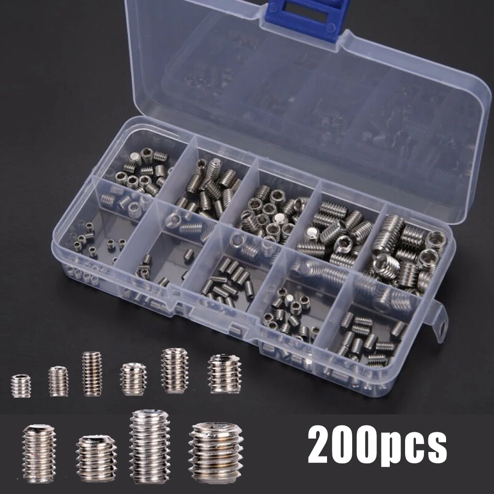 

200pcs M3-M8 Hex Wrench Socket Cap Flat Head Screws Stainless Steel Boxed Assortment Classification Kit Woodworking Hand Tools