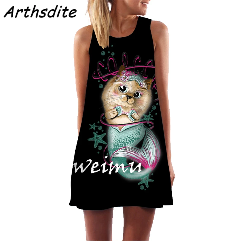 Arthsdite с принтом кота женское платье 3d забавное богемное пляжное трапециевидная
