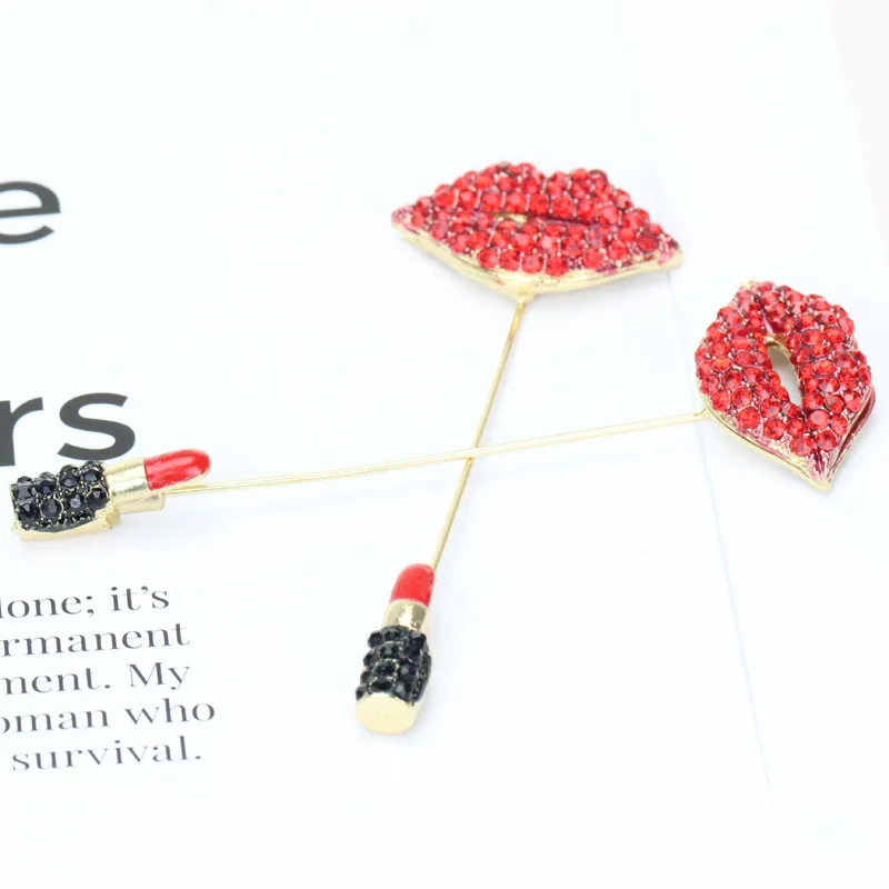 Новинка стразы красное слово сексуальные губы Женская Брошь длинная булавка