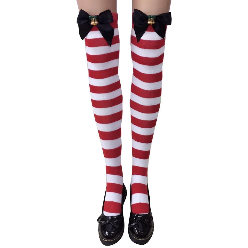Женские рождественские полосатые теплые длинные сапоги выше колена Чулки с