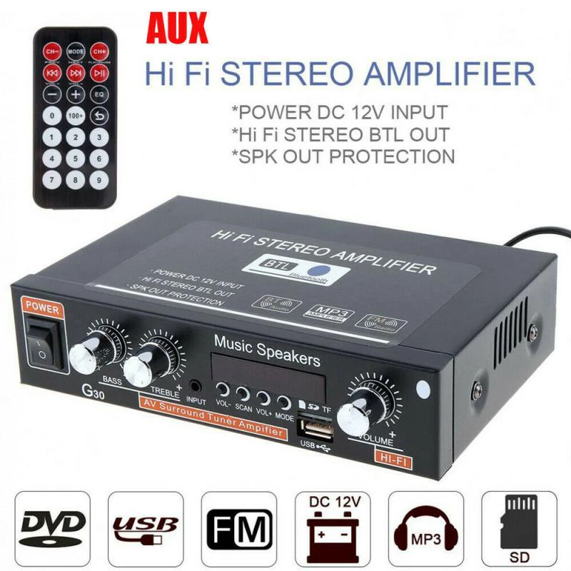 

G30 HIFI Bluetooth-совместимый автомобильный усилитель мощности звука FM-радио плеер Поддержка SD/USB/DVD/MP3 с пультом дистанционного управления