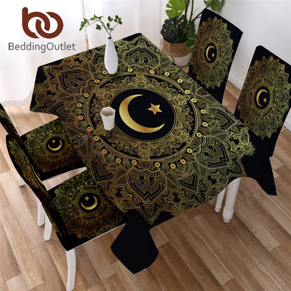 BeddingOutlet Golden Mandala Tablecloth Star Moon Waterproof Table Cloth With Chair Covers Flower Decorative Table Cover 140x200