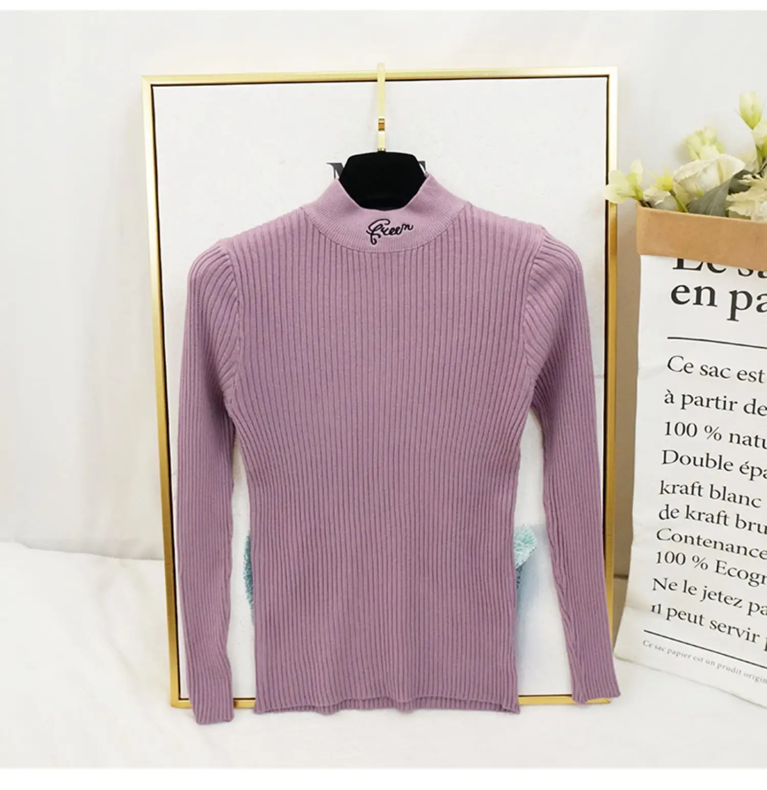 Женский джемпер с вышивкой трикотажный свитер круглым вырезом и надписью