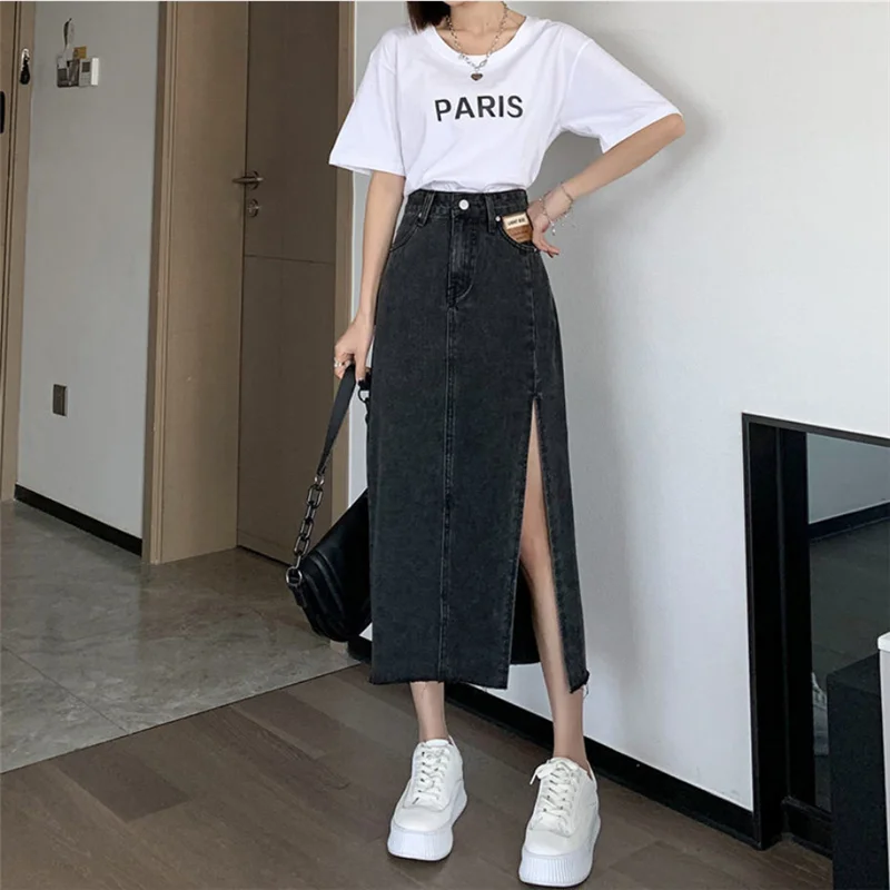 

Подол тонкие разрезы на молнии трапециевидной формы женские новые летние джинсовая юбка большой Размеры уличная модная повседневная юбка ...