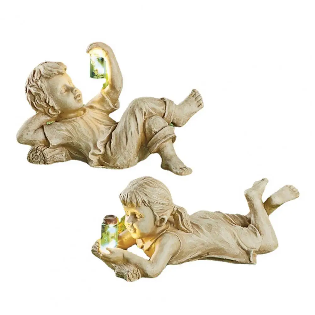 

Садовая скульптура с солнечной подсветкой, дизайнерская винтажная статуя из смолы для мальчиков и девочек, для внутреннего дворика, украше...