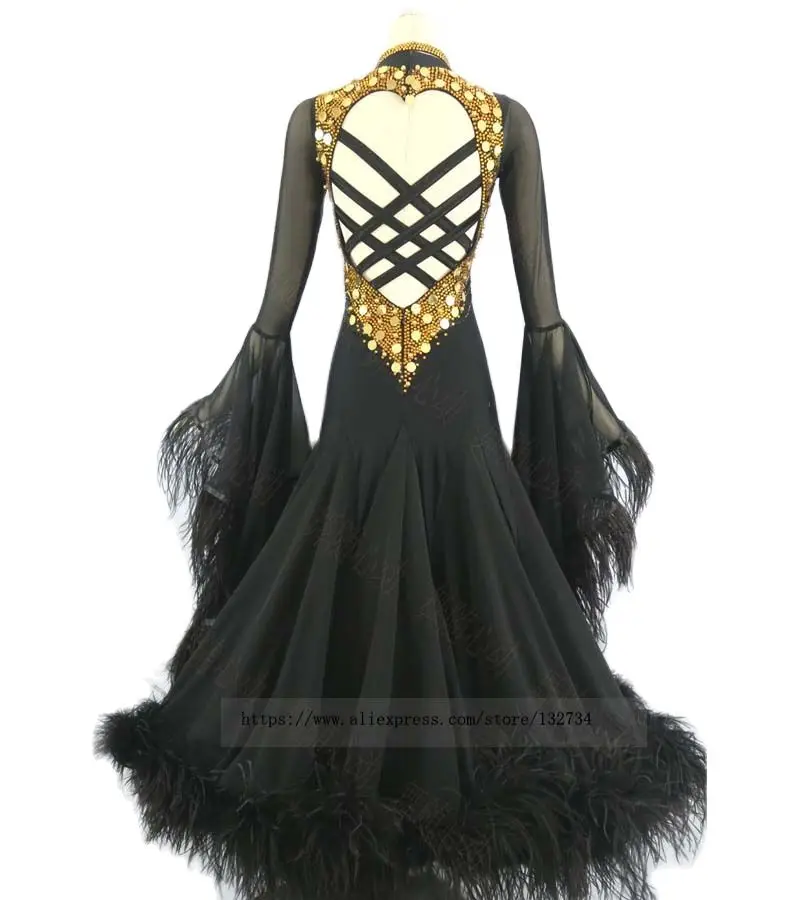 Женское платье для бальных танцев черное с длинными рукавами и перьями из лайкры
