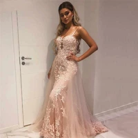 new pink sweetheart tulle evening dresses long 2021 mermaid detachable train elegant lace appliques prom party gowns