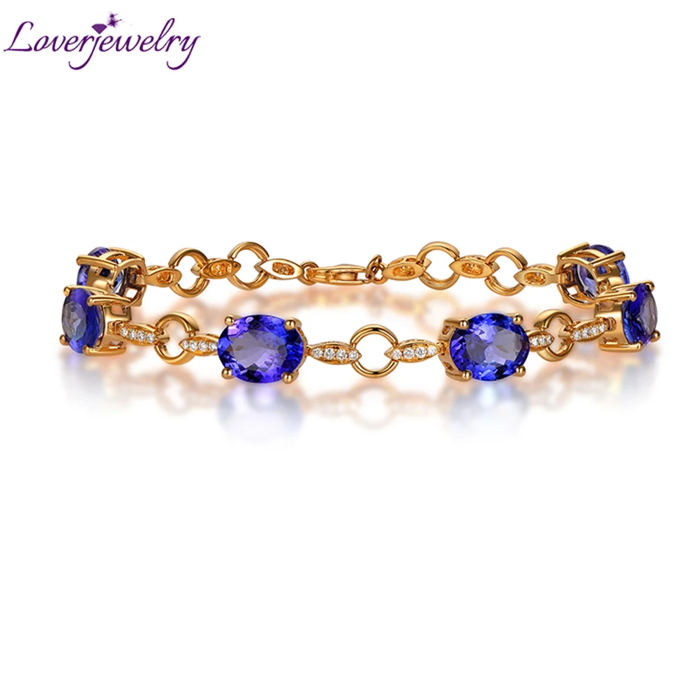 LOVERJEWELRY Lady Tanzanite Bracelets Gold Yellow Pure 14Kt AU585 Natural Blue Tanzanite Gemstones With Diamonds Women Bracelet