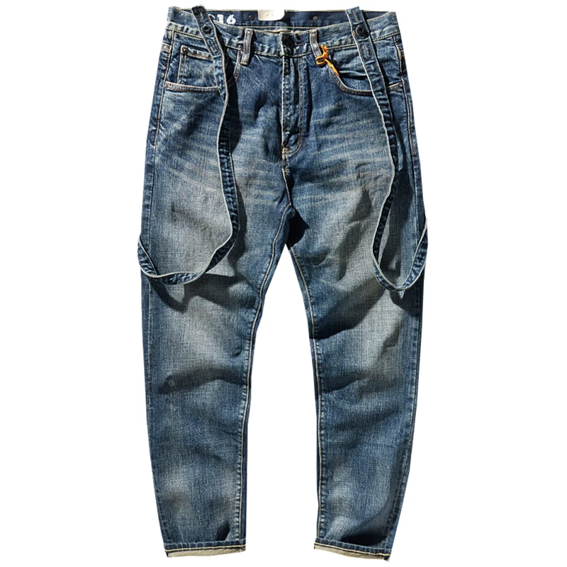 Autumn New Jeans Men 's Straight Tapered Washed Distressed Stretch Suspender Trousers