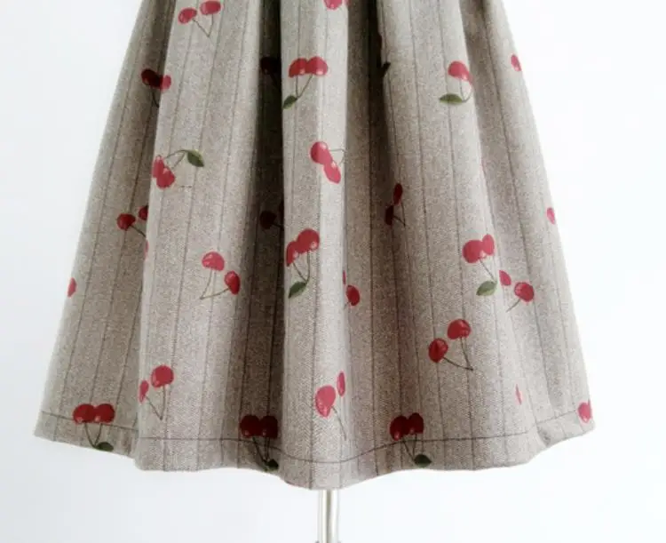 

New arrival vintage Cherry printed umbrella woolen skirt women high wasit winter ball gown skirt