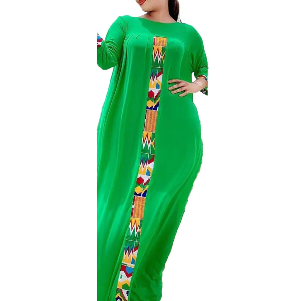 

2021 Summer New African Loose Chiffon Printing Robe Solid Color Round Neck Europe America Women's Casual Simplicity Dress