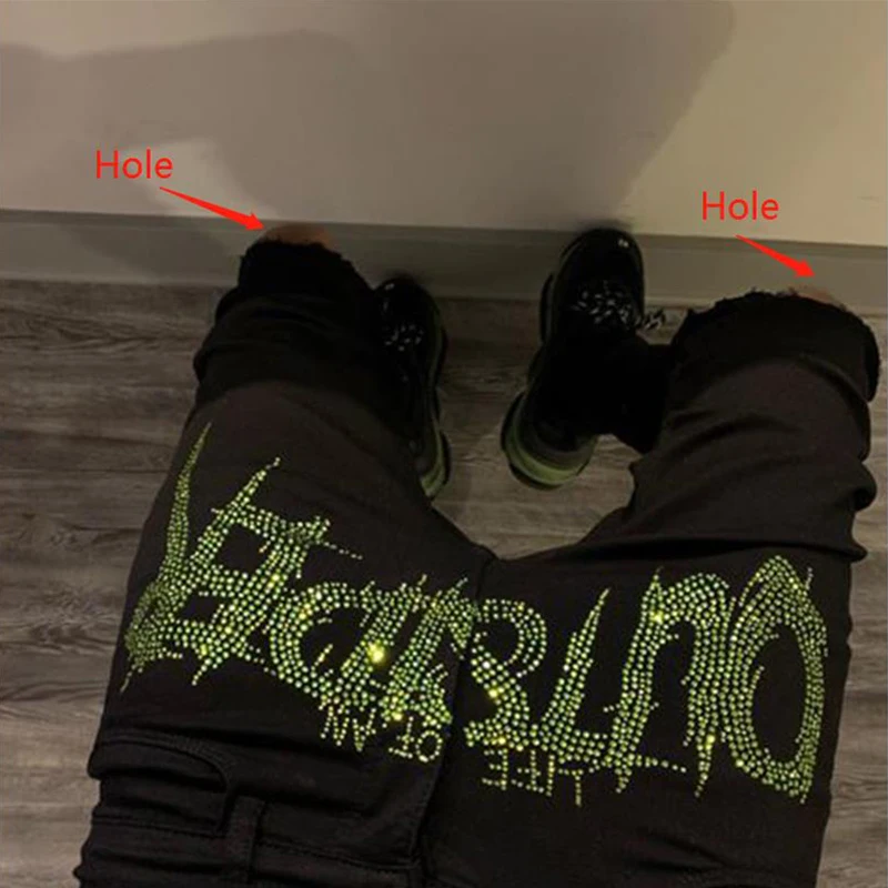 Men's Black Jeans Fashion Cotton Cowboy Trousers Street Hot Drill Skinny Destroyed Stretch Slim Rhinestones Punk Denim Pants