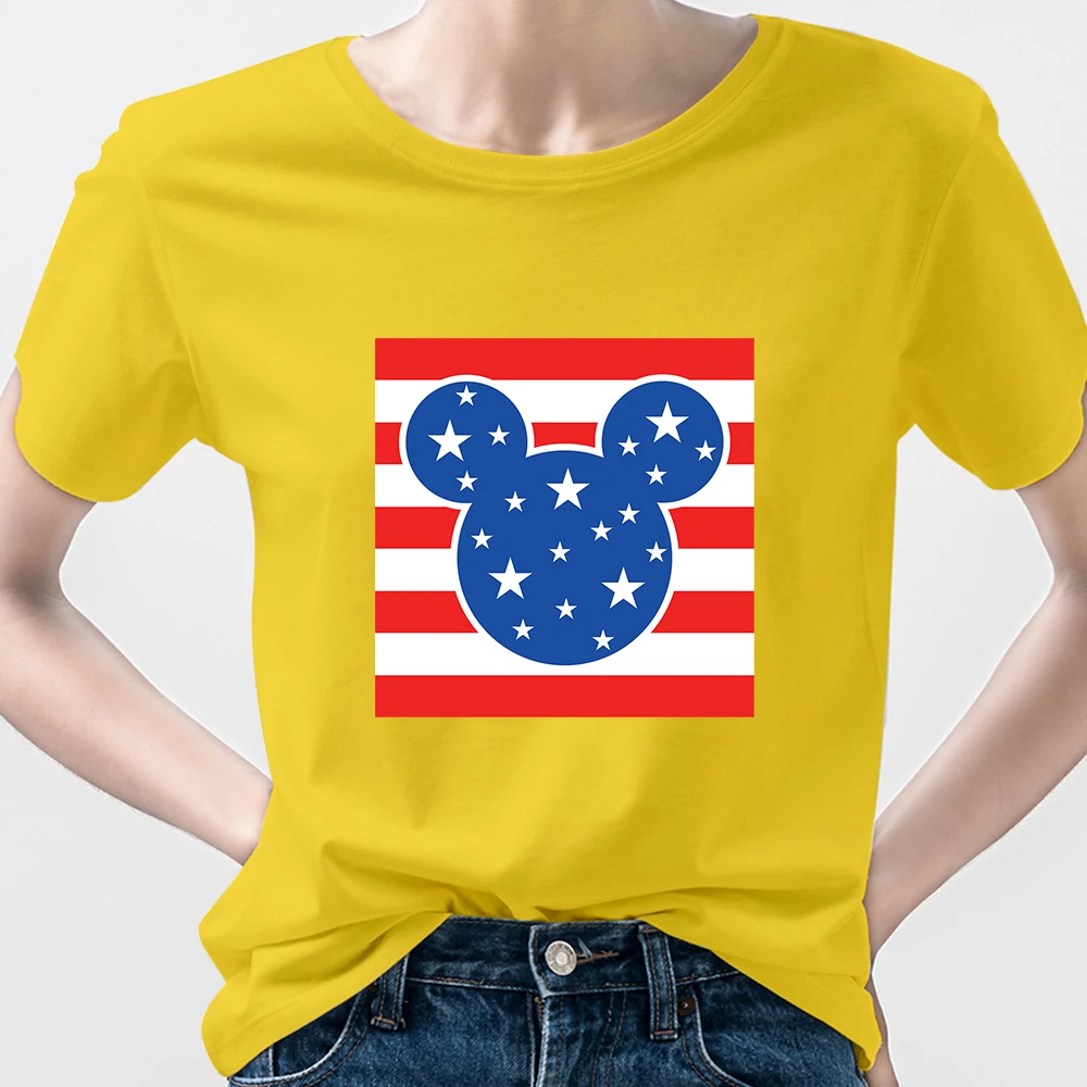 

America Personalized Women T Shirts Disney Fashion Yellow Print Top Vintage Harajuku Ropa Aesthetic Short Sleeve Gothic Style
