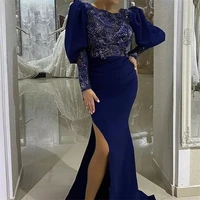 plus size arabic royal blue mermaid prom dresses lace beaded high split evening party gown elegant long sleeve robe de mari%c3%a9e