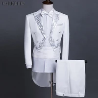 white tailcoat men wedding grooms embroidered suits 2 piece mens suits with pants prom singers stage costume tuxedo men suit set
