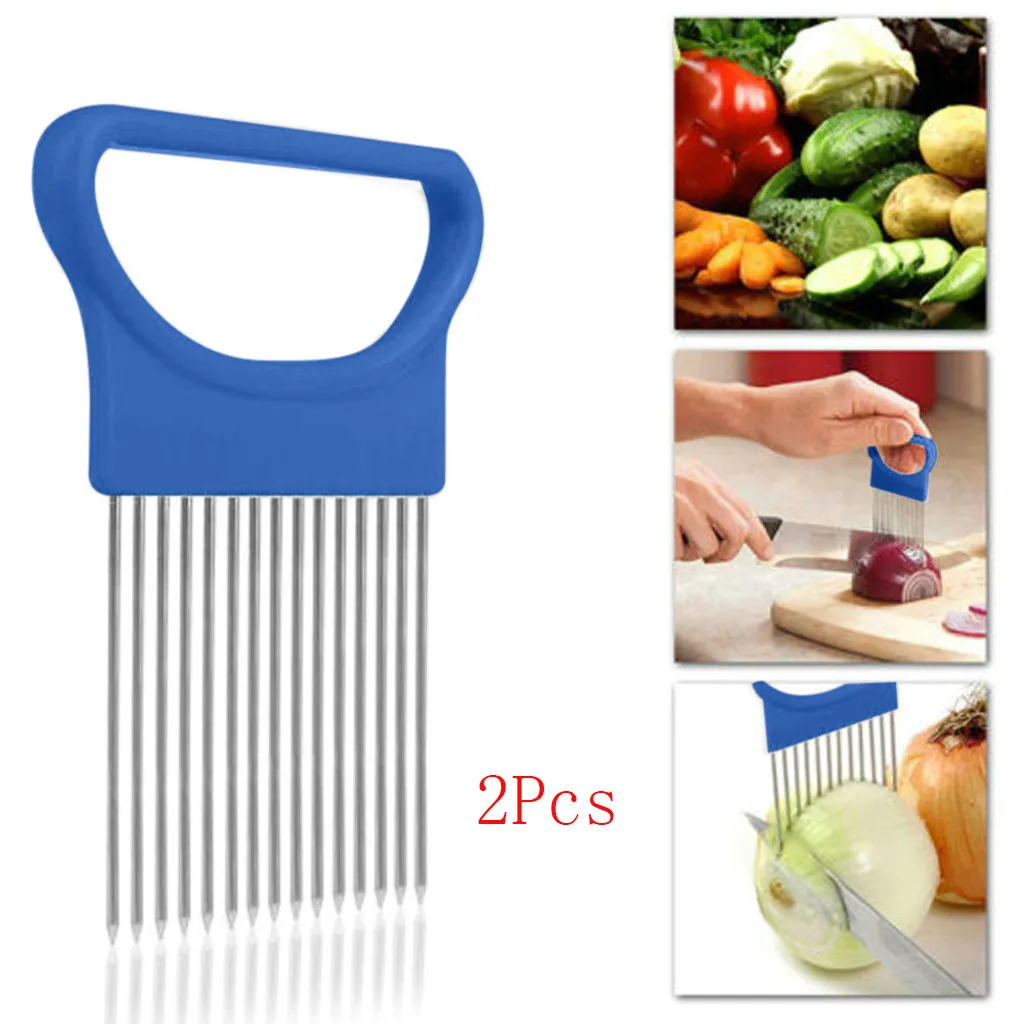 2PCS Blue New Good Helper Kitchen tools Slicing Cutter Safe Fork Cozinha Cocina Utensilios Tomato Onion Slicer Cutting Aid Holder - Цвет: 2PCS Blue