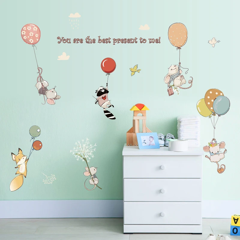 

Cute animals playing balloon wall stickers home decor cartoon kids rabbit wall decals for bedroom
